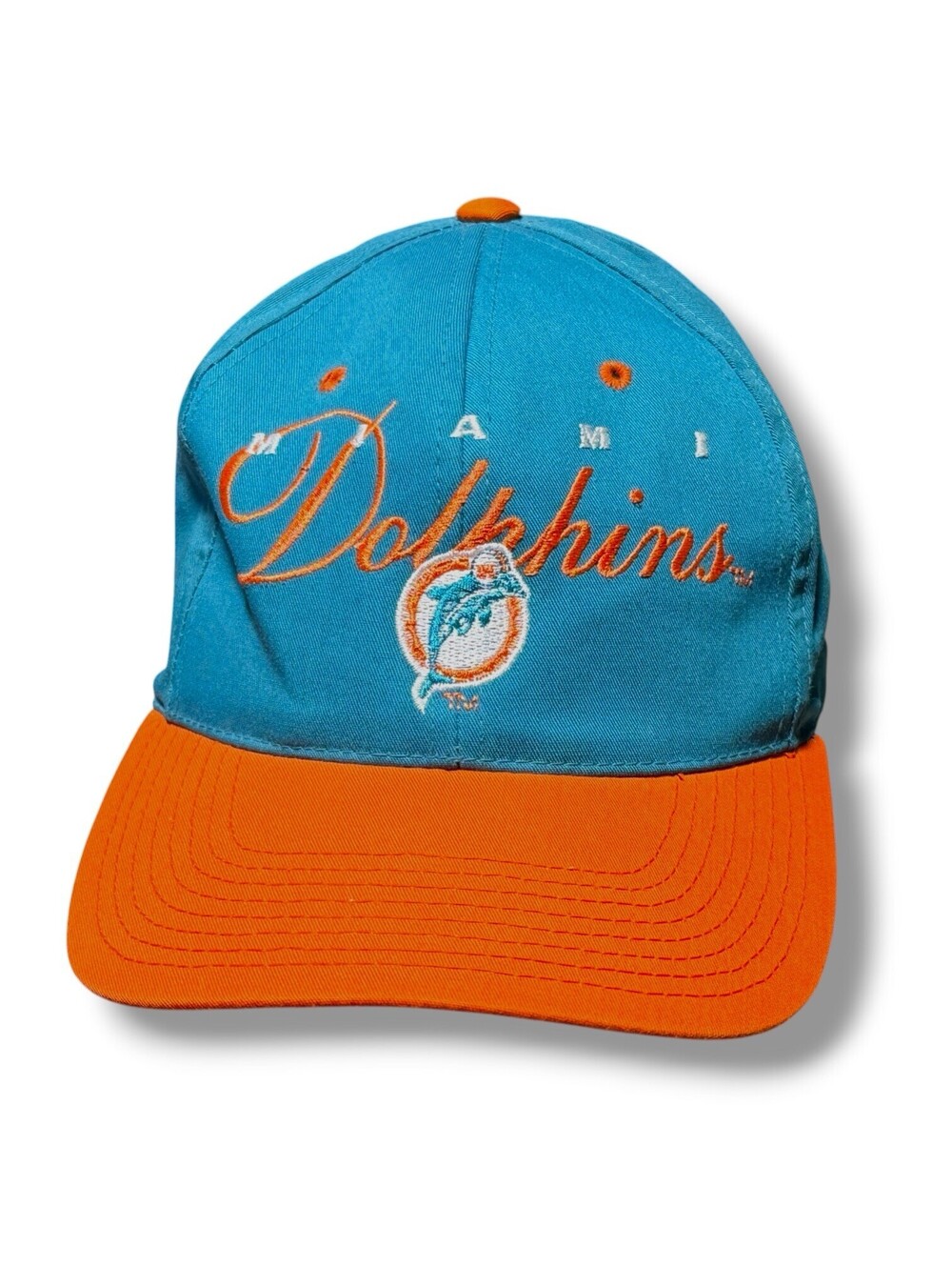 Vintage Miami Dolphins Drew Pearson Script Snapback Hat NFL Teal Orange Football